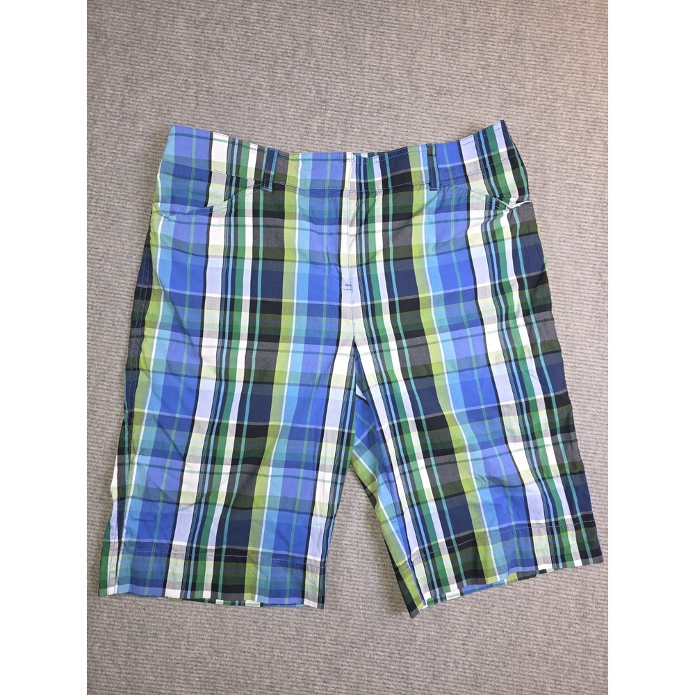 Jones New York Sport Bermuda Shorts Womens 12 Plaid Stretch Blue Green Golf